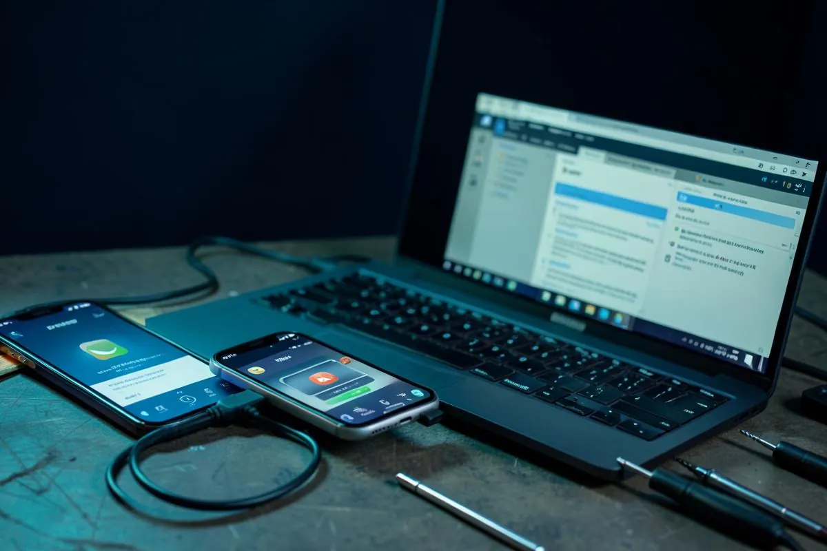 Smartphone verrouillé relié à un ordinateur pour diagnostic